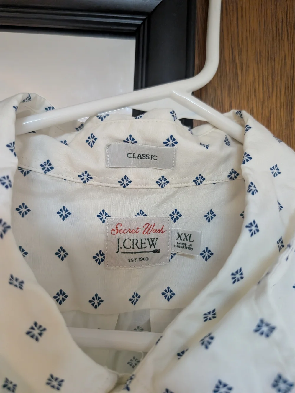 J. Crew White Short-Sleeve Button-Down with Blue Geo Print